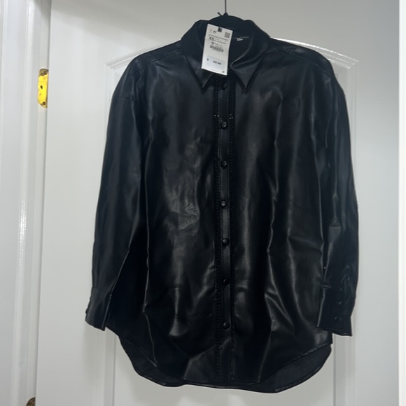 Women Zara Faux Leather Overshirt With Lace Inserts Size XS - Picture 12 of 16